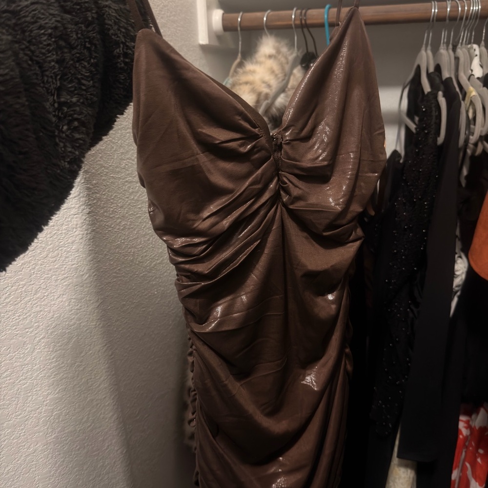 Chocolate Brown Ruched Satin Maxi Dress - Picture 5 of 7